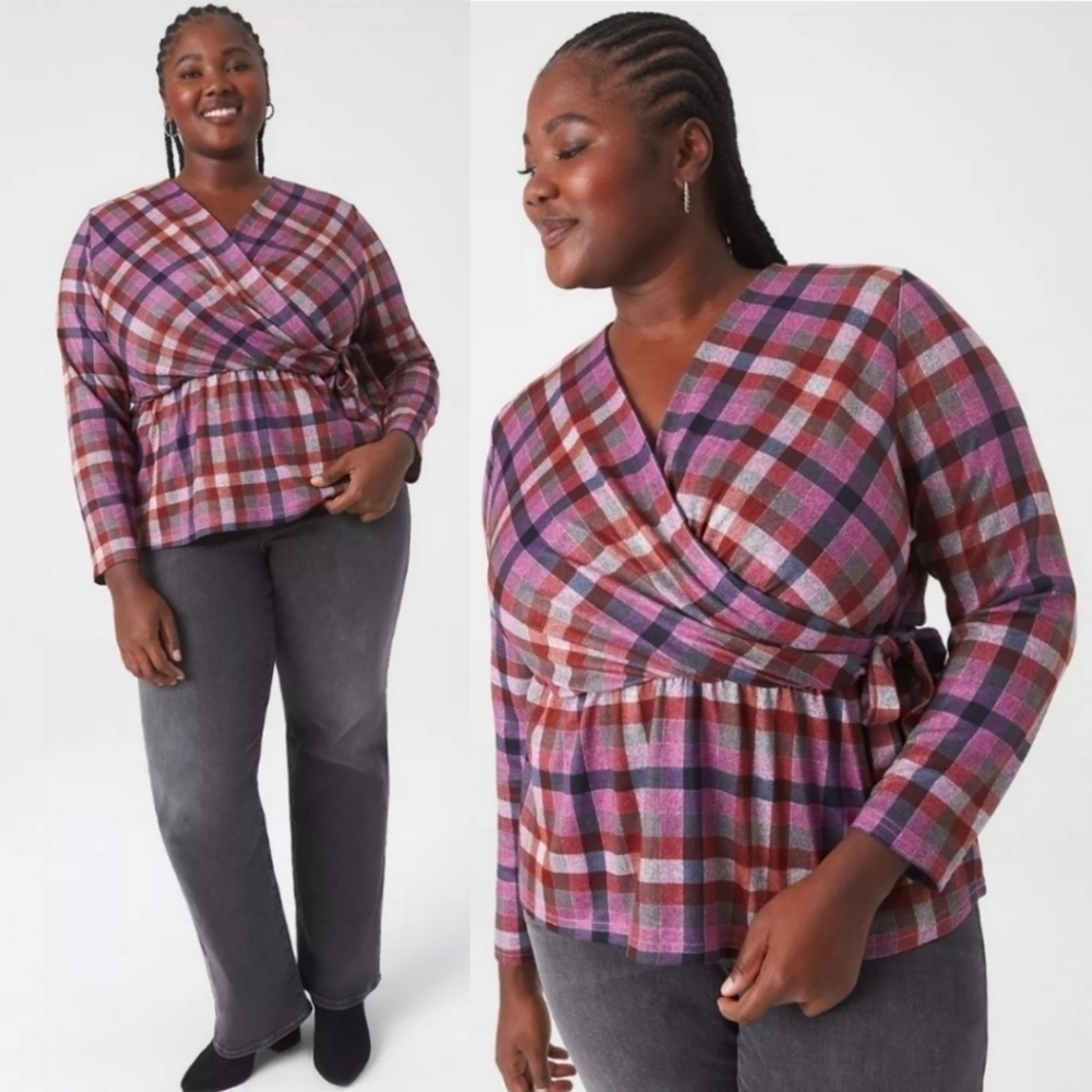NWOT LANE BRYANT FAUX WRAP KNIT TOP IN PLAID